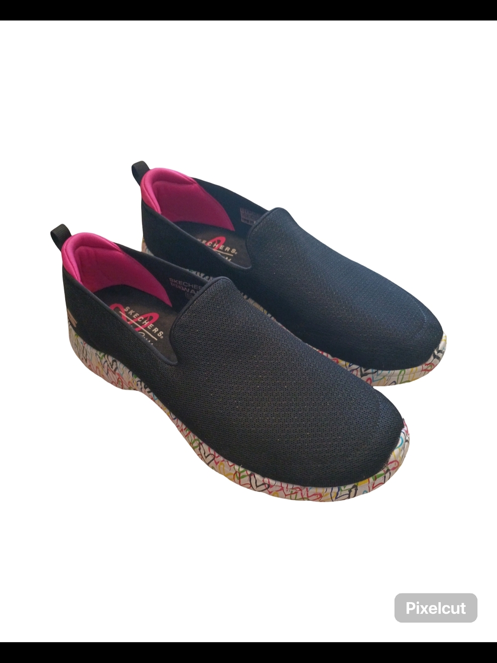 Skechers Black Slip-On Knit Mules with Pink Lining and Multicolor Graphic Sole - Picture 1 of 10